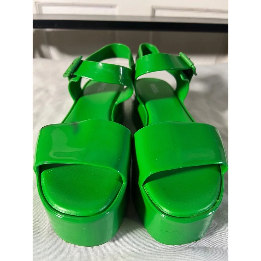 Melissa Platform Jelly Sandals Size 7 Retro Chunky Green PVC Buckle Strap